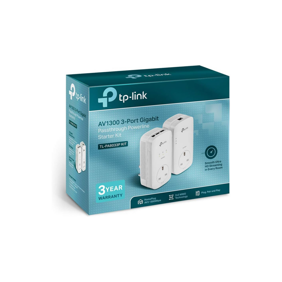 TP-Link TL-PA8033PKIT AV1300 3-Port Gigabit Passthrough 2x2 MIMO Powerline Adapter Starter Kit