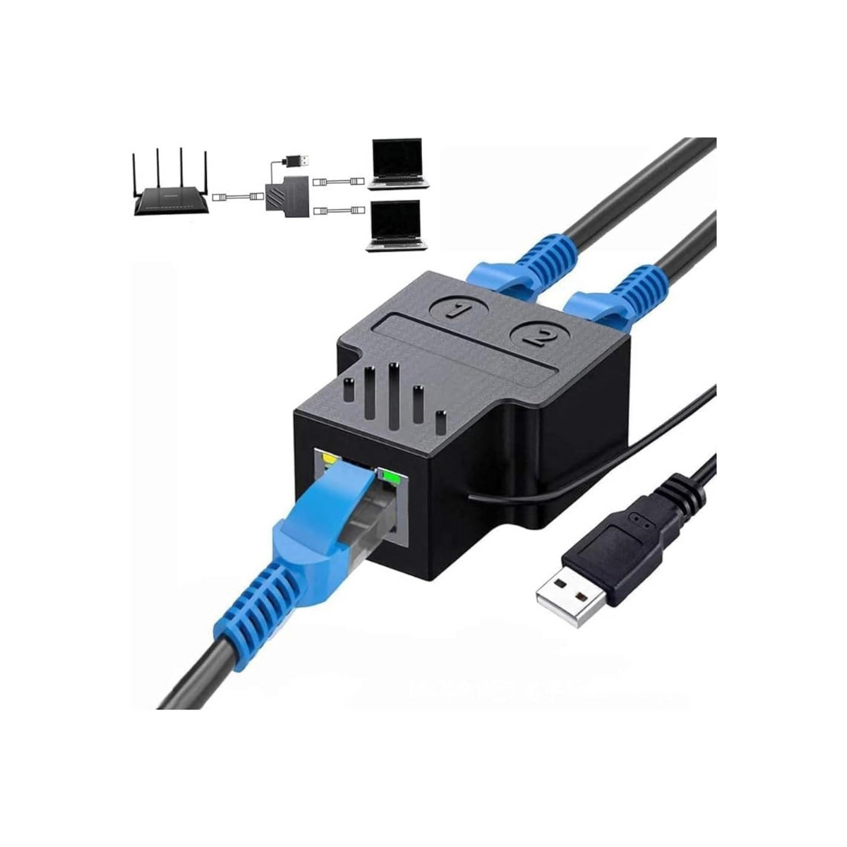 RJ45 Ethernet 1 to 2 Splitter Adapter, 2 Ports for Simultaneous Use, High Speed 100Mbps Internet Network LAN Socket Extension with USB Connector for PC Computer Laptop TV Box Router Game Console