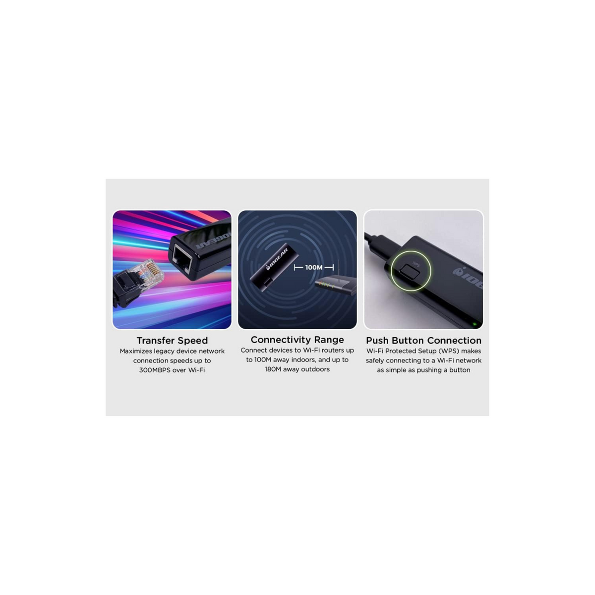 IOGEAR Universal Ethernet to Wi-Fi N Adapter - Speeds of up to 300Mbps on 2.4GHz - Push-button Wi-Fi Protected Setup (WPS) - Supports WEP, WPA, WPA2, TKIP and AES encryption - GWU637