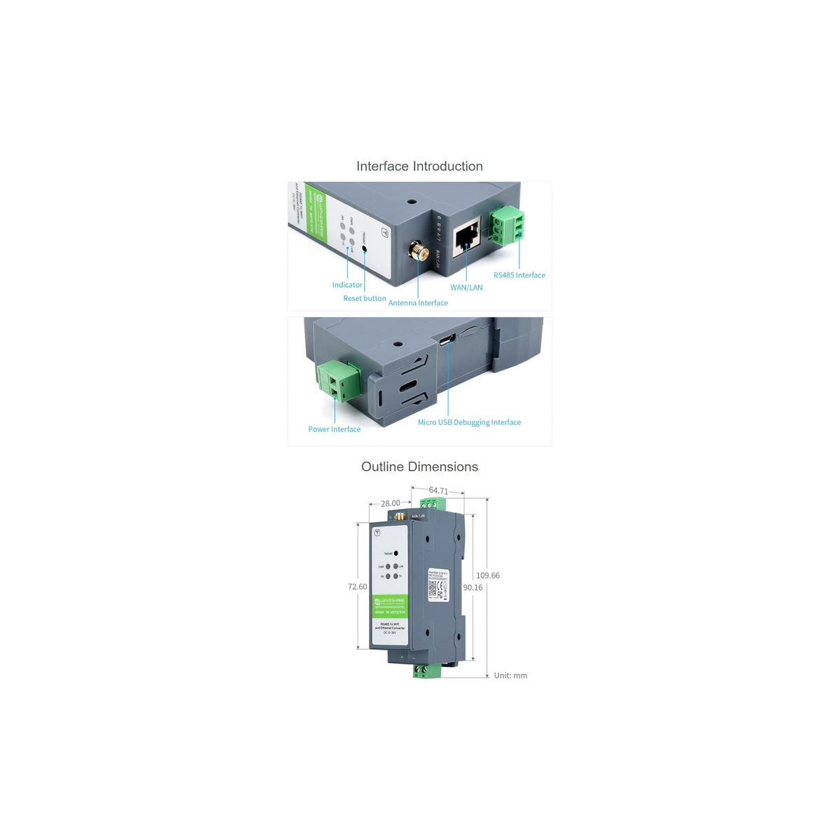 Waveshare RS485 to WiFi/Ethernet Module, Rail-Mount Serial Server, Modbus MQTT Gateway, Support 802.11b/g/n Wireless Standards, Support RS485 to WiFi, RS485 to Ethernet, Ethernet to WiFi, etc.