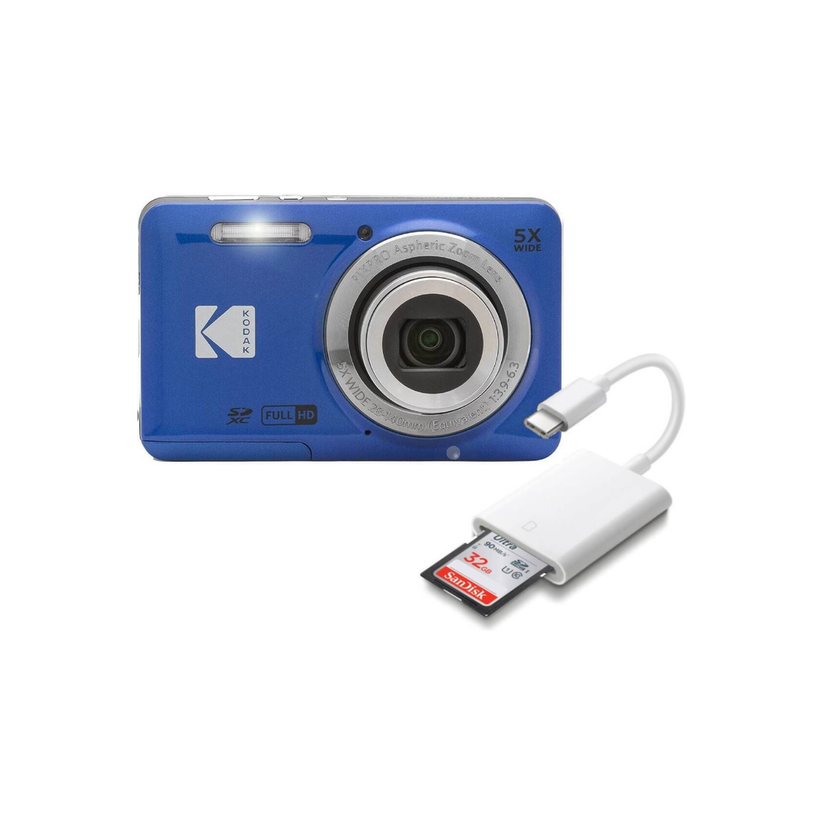 Kodak PIXPRO FZ55 Digital Camera with SanDisk 32GB Ultra & SD Memory Card Reader, 2.7" LCD, 16.35 MP Sensor, 5x Optical Zoom, 1080p Full HD Video, 28mm Wide Angle Lens, Blue | FZ55 BL