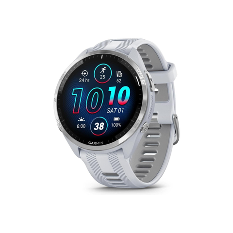 GARMIN FORERUNNER 965, TITANIUM BEZEL WITH WHITESTONE CASE AND WHITESTONE/POWDER GRAY SILICONE BAND