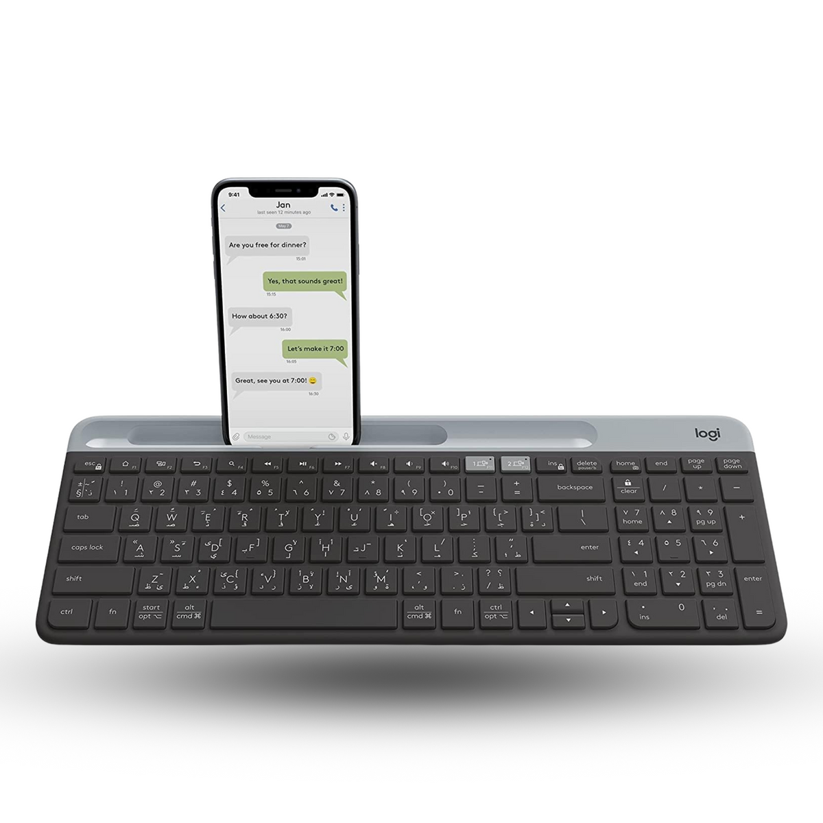 Logitech K580 Slim Multi-Device Wireless Keyboard - Bluetooth/Receiver, 24 Month Battery, Win/Mac, Desktop, Tablet, SmartphoneArabic Graphite