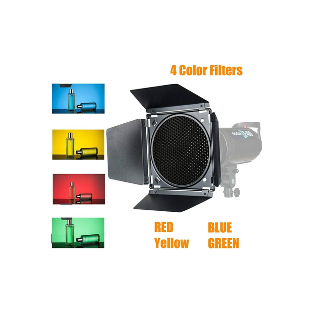 Godox BD-04 Barn Door with Honeycomb Grid and 4 Color Gel Filters(Red Yellow Blue Green) Compatible for Godox 7" Standard Reflectors for AD600B/AD600BM/AD600Pro/SL60W/SL150W/SL200W/MS200/MS300