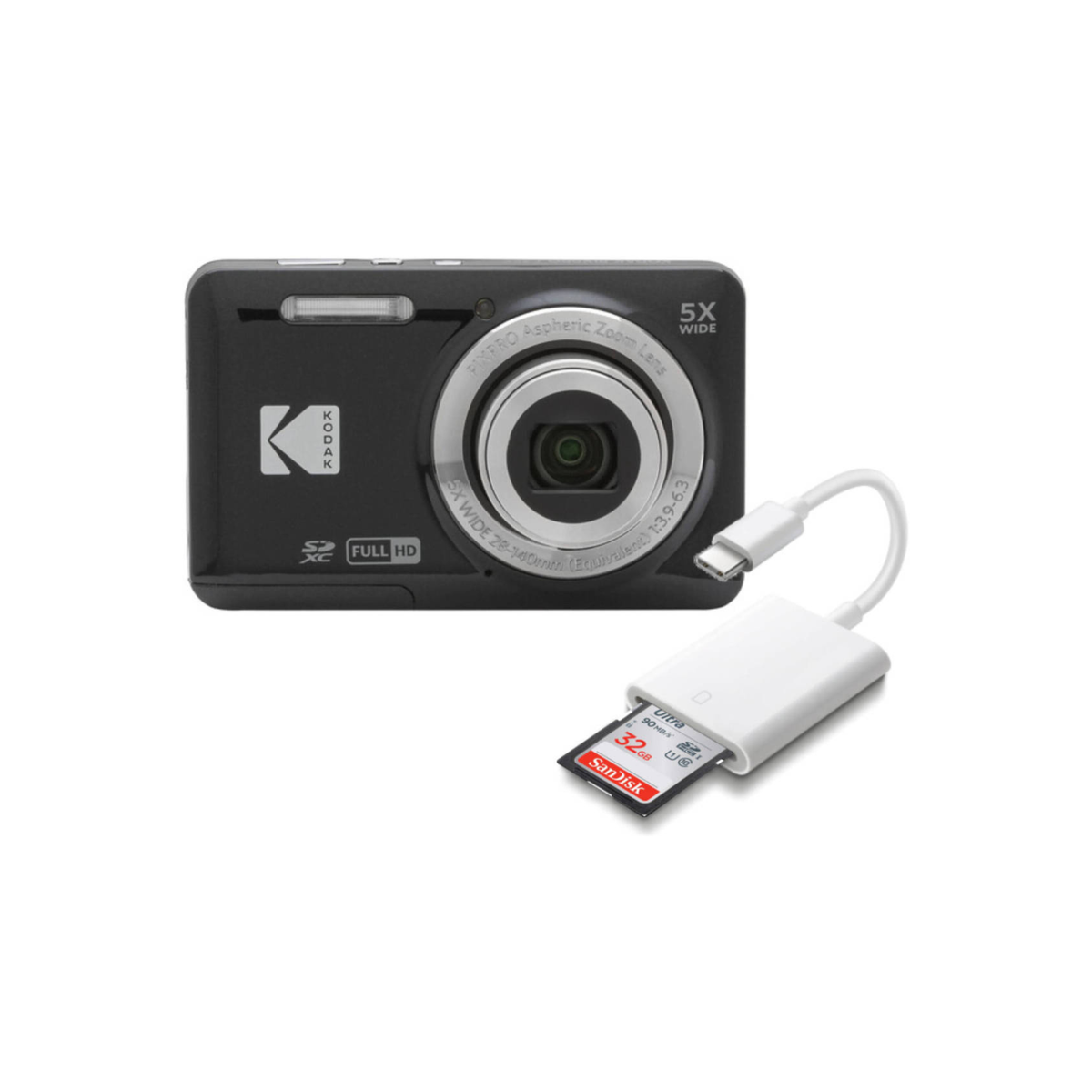 Kodak PIXPRO FZ55 Digital Camera with SanDisk 32GB Ultra & SD Memory Card Reader, 2.7" LCD, 16.35 MP Sensor, 5x Optical Zoom, 1080p Full HD Video, 28mm Wide Angle Lens, Black | FZ55 BK