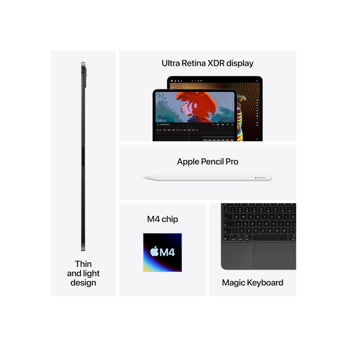 Apple iPad Pro 13-inch (M4): Ultra Retina XDR display, 256GB, Landscape 12MP Front Camera/12MP Back Camera, LiDAR scanner, Wi-Fi 6E, Face ID, All-Day Battery Life, Standard glass - Space Black