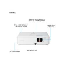 Epson CO-W01 WXGA Projector, 3LCD technology, 3,000 lumen brightness, 378inches screen size, White, Compact