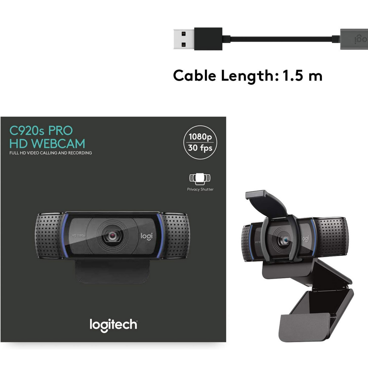 Logitech C920S HD Pro Webcam, Full HD  Clear Stereo Audio, Privacy Shutter, PC/Mac/Laptop/Tablet/XBox - Black