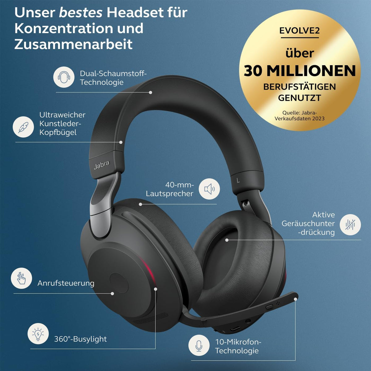 Jabra Evolve2 85 Wireless PC Headset – Noise Cancelling Microsoft Teams Certified Stereo Headphones With Long-Lasting Battery – USB-C Bluetooth Adapter – Black