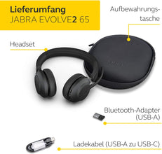Jabra Evolve2 65 Wireless PC Headset - Noise Cancelling UC Certified Stereo Headphones With Long-Lasting Battery - USB-A Bluetooth Adapter - Black