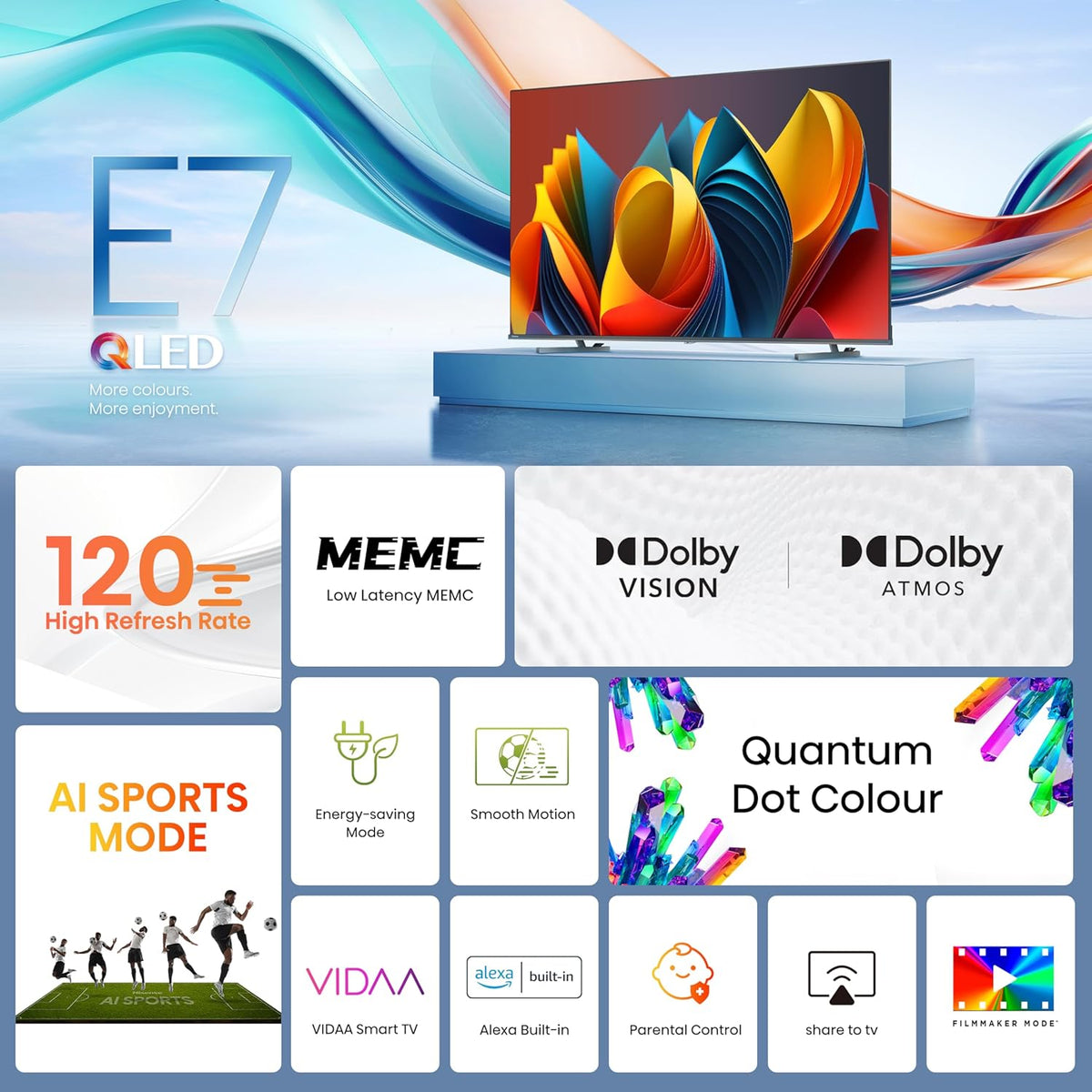Hisense 65 inch QLED Smart TV E7N-Quantum Dot Colour, AI Picture, Dolby Vision, Dolby Atmos, Share to TV, Voice Control, Filmmaker Mode, Youtube, Netflix, Disney+ and Shahid, 65E7N (2024 UAE Version)