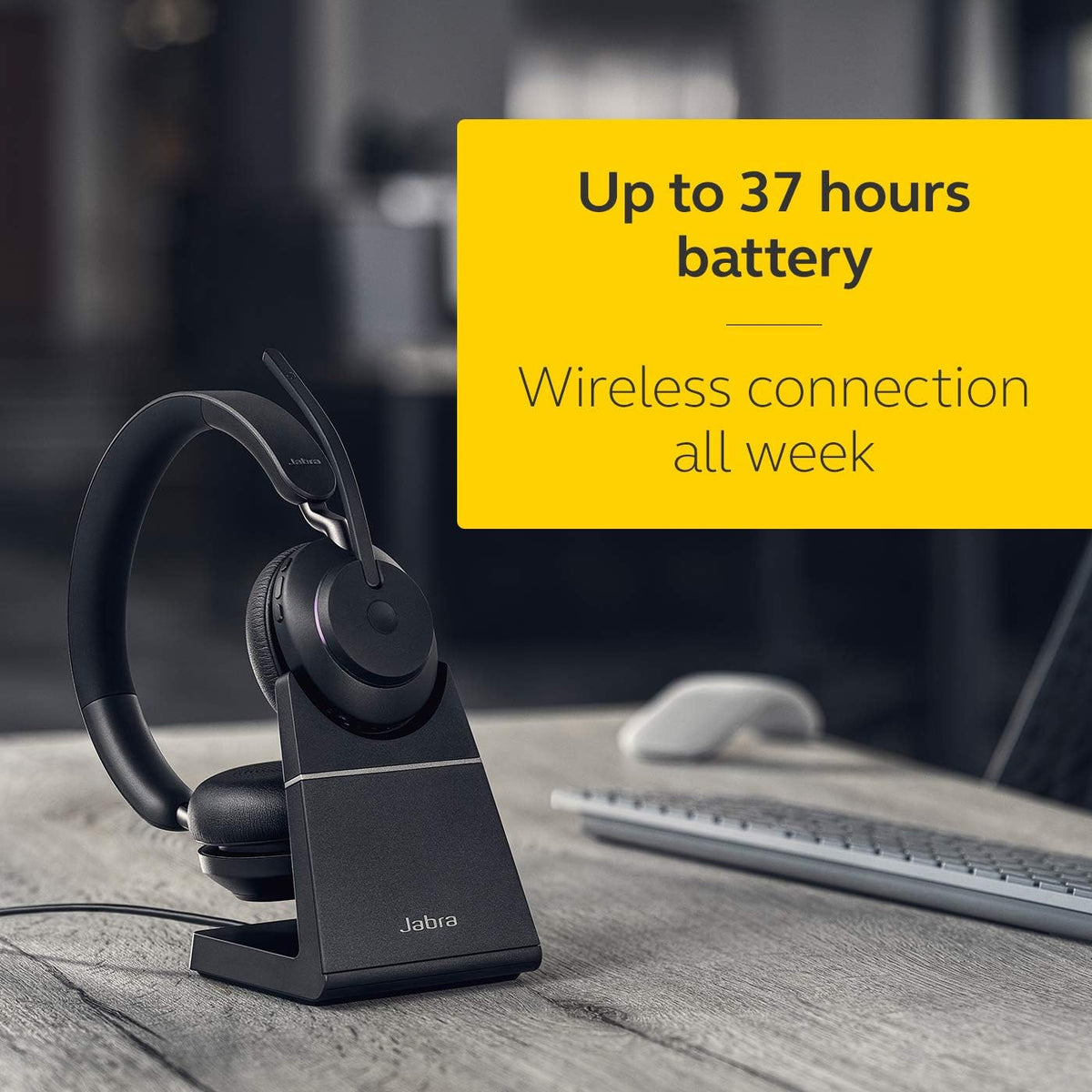 Jabra Evolve2 65 Wireless PC Headset with Charging Stand – Noise Cancelling UC Certified Stereo Headphones With Long-Lasting Battery – USB-A Bluetooth Adapter – Black