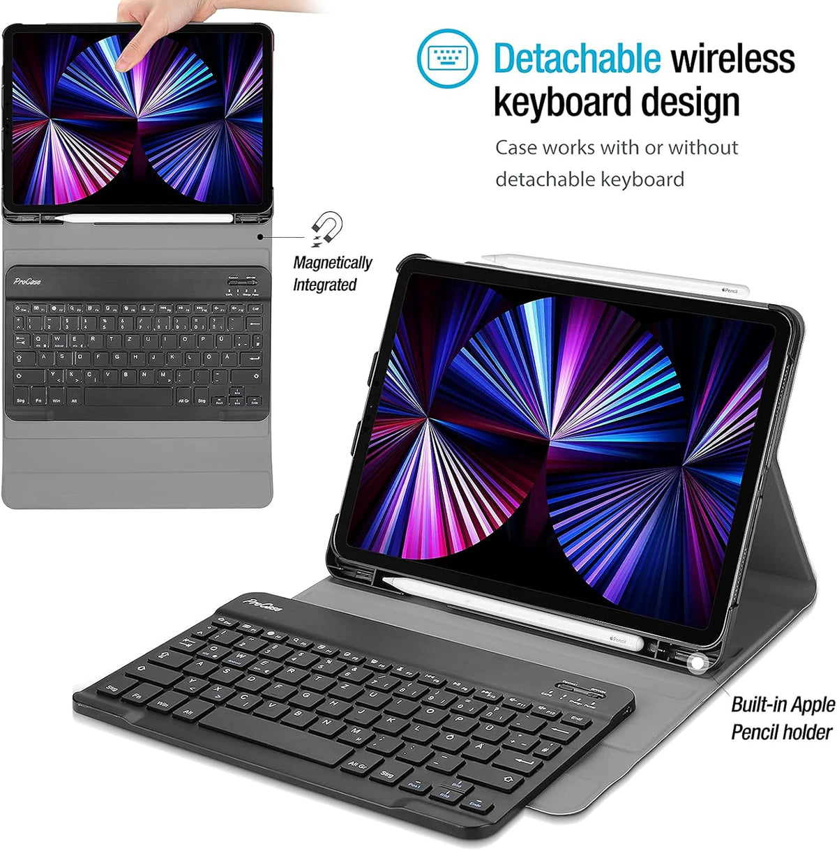ProCase for iPad Pro 11 Keyboard Case 2022 2021 2020 2018, Slim Shell Lightweight Cover with Magnetically Detachable Wireless Keyboard for iPad Pro 11 Inch 4th 3rd 2nd 1st Gen -Black