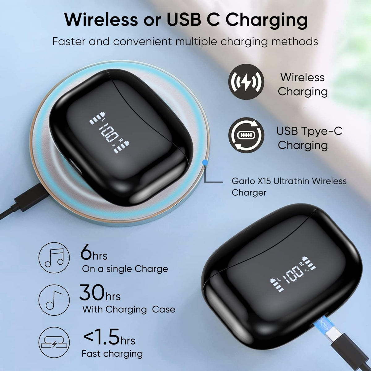True Wireless Earbuds, Bluetooth Earphones 60H Playback, CVC Noise Cancelling with Wireless Charging Case, in-Ear Stereo Wireless Earphones Built-in Mic, LED Display, IPX7 Waterproof Sport Headphones