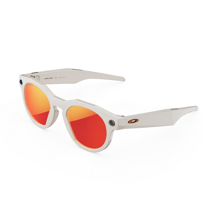 Left quarter view of Oakley Meta HSTN glasses with Warm Grey frame and Prizm Ruby lenses