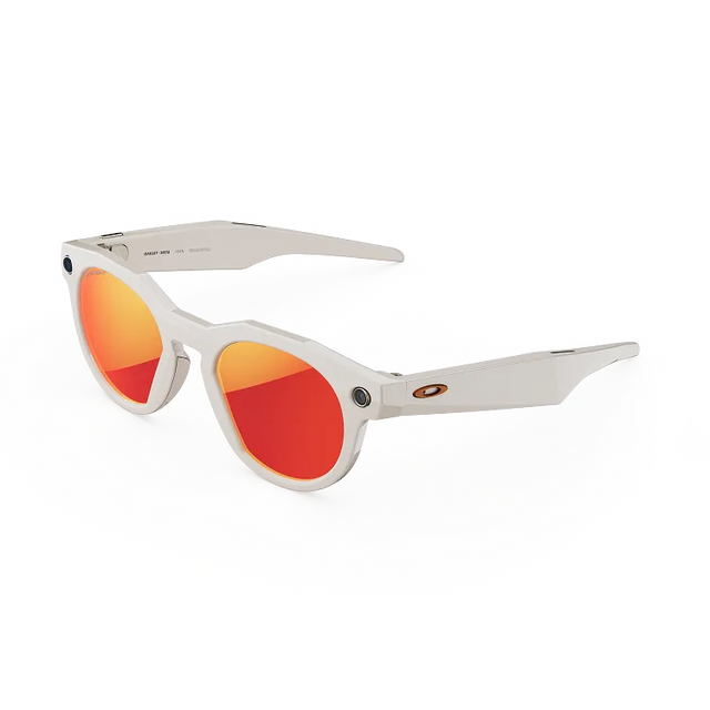 Left quarter view of Oakley Meta HSTN glasses with Warm Grey frame and Prizm Ruby lenses