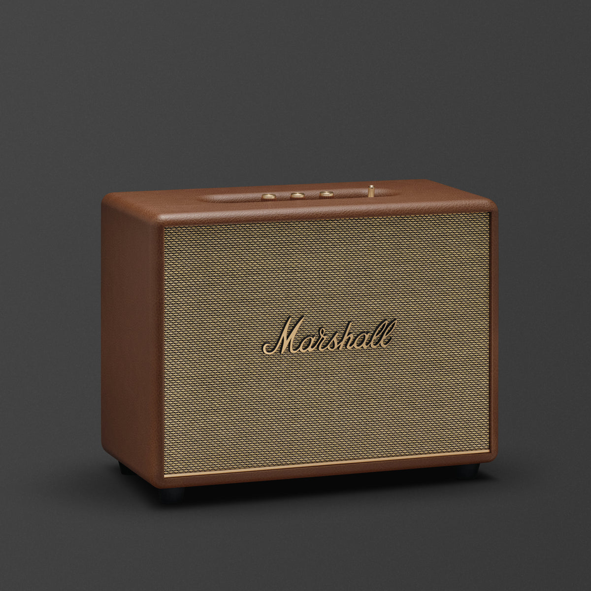 Marshall Woburn III Bluetooth speaker in brown, front three-quarter view