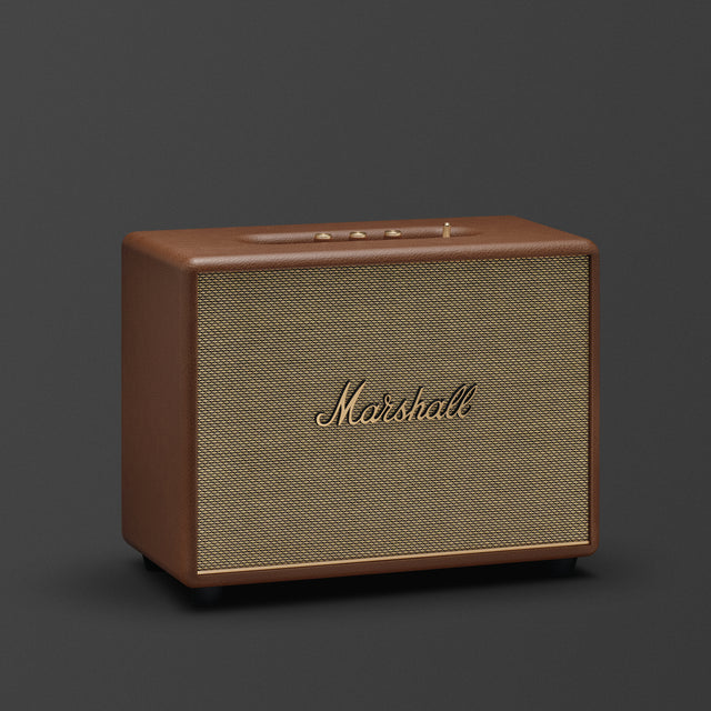 Marshall Woburn III Bluetooth speaker in brown, front three-quarter view