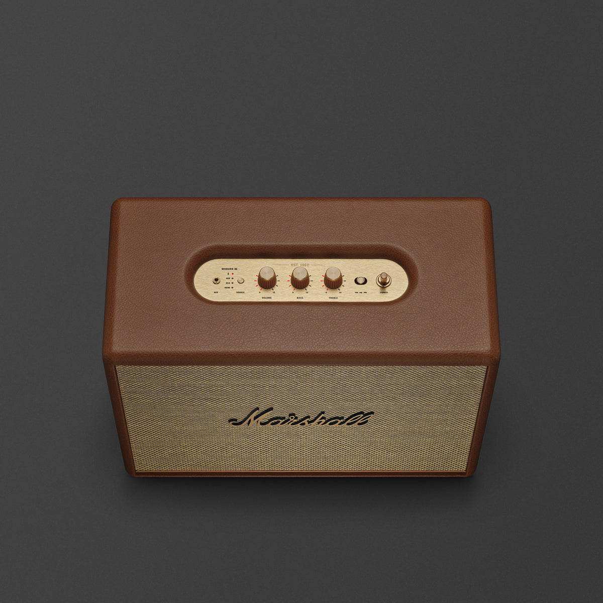 Marshall Woburn III Bluetooth speaker in brown, top view