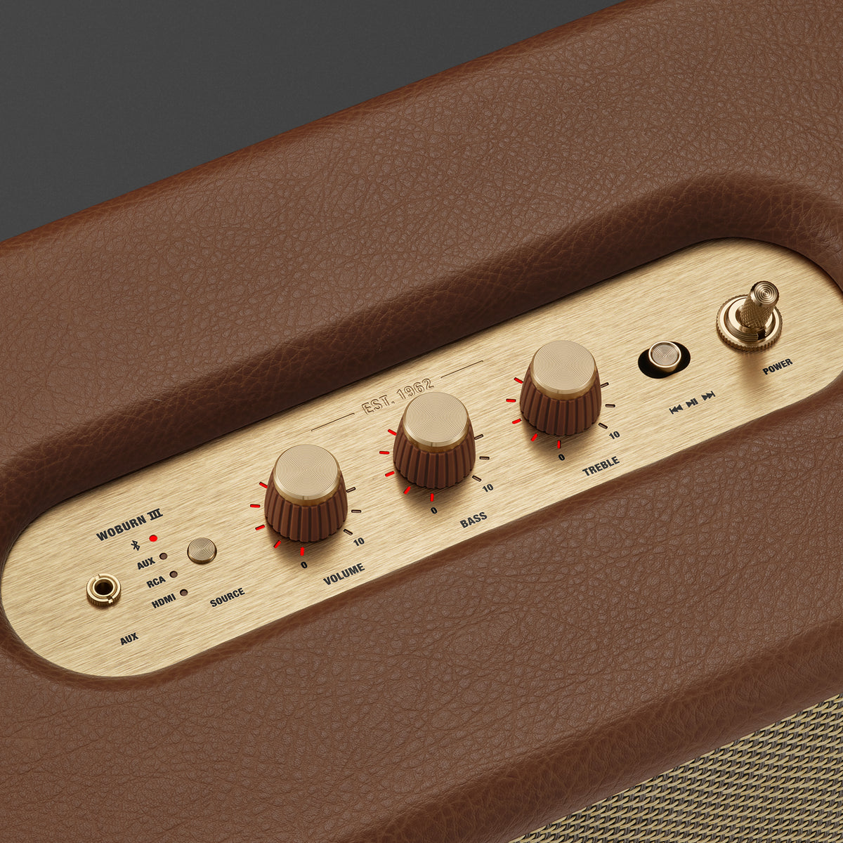 Marshall Woburn III brown speaker, close-up of top control knobs